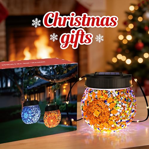 Mosaic Solar Lights Outdoor 6 Pack, Solar Hanging Lanterns Christmas Halloween Gifts for Women Mom Grandma, Waterproof Glass Globe Lights, Garden Patio Decor for Yard, Tree, Balcony, Warm - color: Orange, size: 6