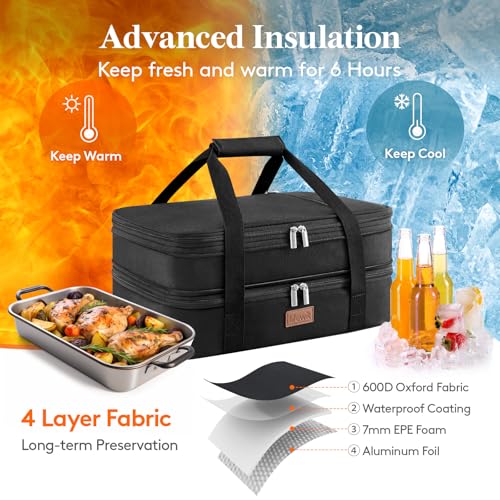 Lifewit Insulated Double Decker Casserole Carrier, Expandable Lasagna Lugger Tote Bag for Hot or Cold Food, Fits 9" x 13" Baking Dish for Potluck Parties, Picnic and Cookouts, Black - color: Black