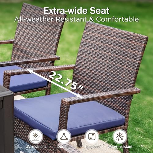PHI VILLA 5 Piece Outdoor Dining Set with Umbrella, 37" Square Metal Dining Table & Cushioned Rattan Chairs with 10ft Blue Umbrella for Patio, Deck, Yard, Porch - color: Navy Blue, size: 5PCS 37" Steel Table