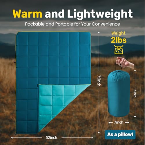 UNIKOME Waterproof Puffy Camping Blanket - Lightweight Packable Outdoor Quilt with Snaps & Corner Loops, Warm Compact Blanket for Cold Weather Hiking Picnic Stadium Travel, 75"×52", Lake Blue&Sky Blue - color: 01 Lake Blue&sky Blue