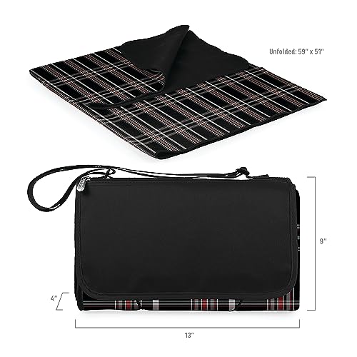 PICNIC TIME Outdoor Picnic Blanket Tote, 59"x51" Foldable Beach & Camping Blanket with Soft Fleece, Water-Resistant Bottom, Adjustable Strap & Zippered Pocket (Black Tartan, Black Flap) - color: Black Tartan