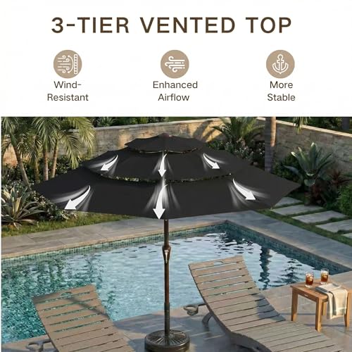 Kingdura 9ft 3-Tier Patio Umbrella, Outdoor Table Umbrella with Easy Crank & Tilt, 8 Reinforced Ribs, UV Protection for Deck, Pool, Market, Backyard (Black) - color: Black, size: 9 FT