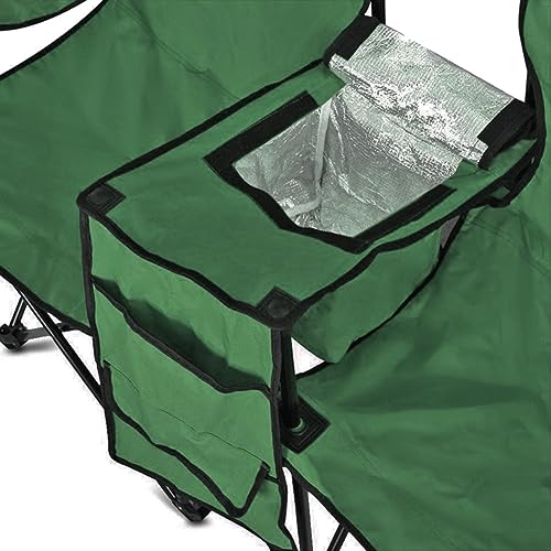 GoTEAM! Portable 2-Seat Folding Camp Chair with Cooler, Umbrella & Cup Holders – Outdoor Picnic, Beach, or Tailgate Seating – Carry Case Included - color: Green