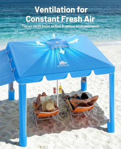 Rhino Valley Beach Cabana, 120 Sq. Ft Beach Canopy UPF50+ Protection, Easy Setup & Adjustable Height Beach Tent Sun Shelter with Cup Holder, Portable for 4-8 People, Blue - color: Blue