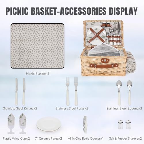 HappyPicnic Picnic Basket Set for 2 - Wicker Picnic Basket with Waterproof Blanket & Insulated Liner, Large Handmade Willow Hamper with Cutlery Kit for Outdoor, Picnic, Camping, Party, Holidays (Leaf) - color: Leaf