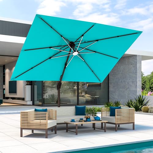 JZAC & QZYD 9x12 FT Outdoor Cantilever Patio Umbrella with LED Lights, Large Heavy Duty 2-Tier Aluminum Offset Umbrellas with 360-Degree Rotation for Pool Deck, Turquoise - color: Turquoise, size: 9'×12'