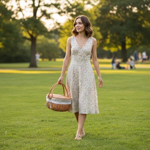 Wicker Picnic Basket with Lid and Handle Sturdy Woven Body with Washable Lining,Little Flowers - color: Little Flowers
