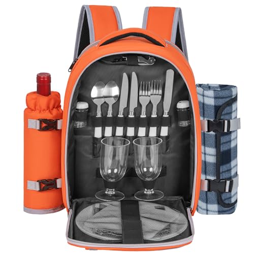 Picnic Backpack for 2 Persons with Insulated Leakproof Cooler Compartment, Cutlery Sets, Wine Holder, Fleece Blanket, Wedding Gifts for Couples, Perfect for Beach, Camping, Hiking, Orange - color: Orange, size: For 2 Persons