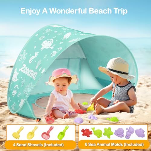 Baby Beach Tent, Pop Up Beach Tent Sun Shade for Beach, Portable Shade Pool UV Protection Sun Shelter for Infant with Beach Sand Toys Set - color: Patterned Mint Green