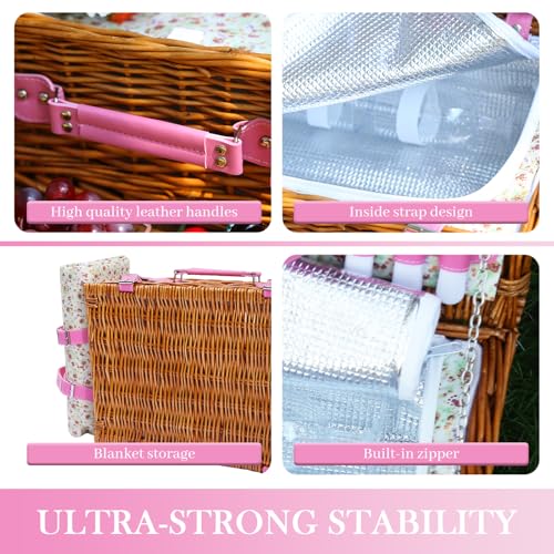 Neti Neti Wicker Picnic Basket for 4 with Insulated Cooler & Waterproof Blanket – Large Willow Picnic Hamper for Outdoor, Camping, Beach, Romantic Dates, Valentine’s Day - color: Floral Crushed