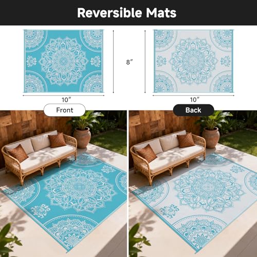 Pauwer Waterproof Outdoor Rug 8x10, Reversible Plastic Straw Patio Camping Rug, Indoor Outdoor RV Mat Carpet for Deck, Camper, Porch, Balcony, Backyard, Picnic, Floral Teal - color: Floral Teal, size: 8' x 10' (Rectangular)