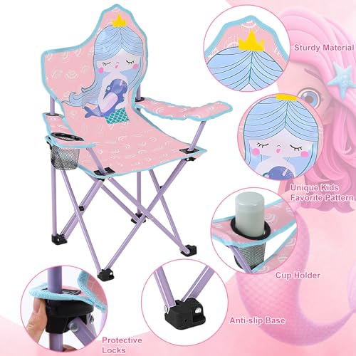 KABOER Kids Outdoor Folding Lawn and Camping Chair with Cup Holder and Carrying Bag, Children's Camping Chairs - color: Pink Mermaid