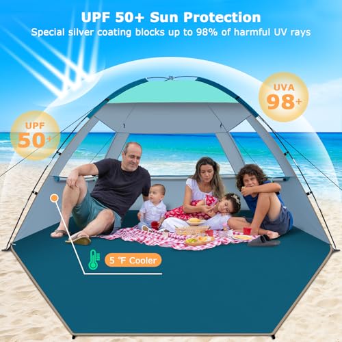 COMMOUDS Beach Tent Sun Shade for 3/4/6/8 Person, UPF 50+ Beach Sun Shelter Canopy Tent, Lightweight, Easy Set Up and Carry - color: Turquoise, size: 4 Person