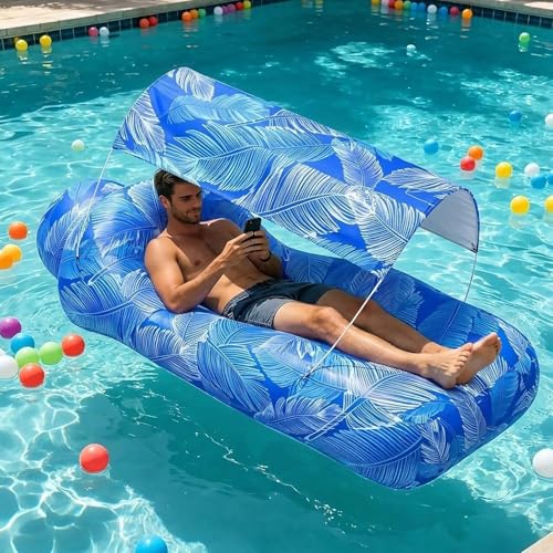Inflatable Air Lounger with Sun Shade - Camping Air Sofa, No-Pump Blow Up Couch for Outdoor, Portable-Air Hammock, Lightweight Waterproof Fabric for Hiking Picnic Vacation Backyard Seaside - color: Blue