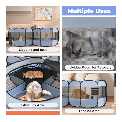 2-in-1 Cat Playpens, Detachable into 2 Separate Playpens with Additional 2 Doors, Portable Dog Playpen Cat Tent Enclosure for Kitten and Puppy Indoor Outdoor Use(M) - color: Grey, size: M, 71"L x 34"W x 24.1"H
