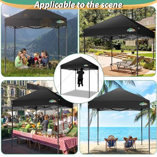 COBIZI 6.6x6.6ft Pop Up Canopy Tent, Heavy Duty Canopy Easy Set up All Weather Waterproof Outdoor Canopy Tent for Parties, Beach, Garden, Camping with 1 Handbag, 3 Adjustable Heights, UPF50+, Black - color: Black, size: 6.6x6.6 Without Sidewalls