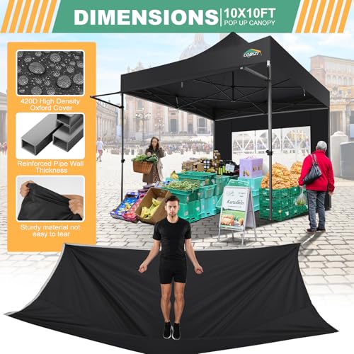 COBIZI 10x10 Pop Up Canopy Tent with Awning & Sidewalls, Heavy Duty Commercial 10X10 Canopy Tents Instant Waterproof, UPF 50+ Sun Shade for Outdoor, Parties, Markets (Black) - color: Black, size: 10x10FT with 3 Sidewalls & 1 Awning Cloth