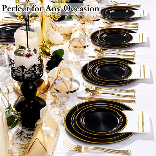 GATHER 700PCS Black Plastic Plates - Gold Disposable Plastic Dinnerware Set Include 200 6.3inch/9inch Black Plates, 300 Silverware, 100 Napkins, 100 Cups for Party & Wedding & Birthday - color: Black, size: 100 Guests