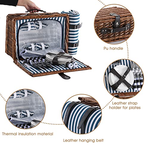 Picnic Basket for 4 with Waterproof Picnic Blanket and Insulated Cooler, Wicker Picnic Set, Willow Hamper for Camping, Outdoors, Photoshoot, or a Birthday, Mother's Day, Wedding Gift, Blue - color: Blue＆white Stripe