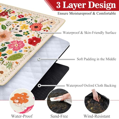 Picnic Blankets Waterproof Foldable Extra Large,80"x 80" Outdoor Beach Blanket Sandproof,3-Layer Lightweight Handy Mat Tote Picnic Camping Rugs for Outside Your Rv (Boho Vintage Floral) - color: Picnic Blankets 3