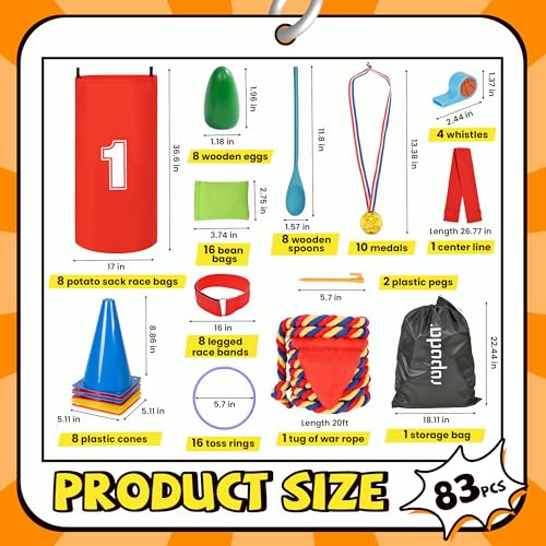 ropoda Field Day Games, Outdoor Carnival Games Potato Sack Race Bags for Adults and Kids, Bean Bags, Soft Plastic Cones,Ring Toss Set,Egg and Spoon Race, Outdoor Games Easter - color: 83PCS