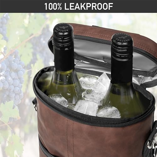 opux 2 Bottle Wine Carrier Tote, Insulated Leakproof Wine Cooler Bag, Wine Travel Bag for Picnic BYOB Beach, Portable Wine Bottle Carrying Case, Gift for Wine Lover Women Men Christmas, Brown Leather - color: Rustic Brown