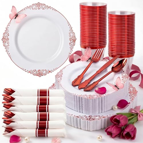 Nervure 350PCS Red Plastic Plates - White Red Plastic Dinnerware Set for 50 Guests - 100 Red Disposable Plates, 50 Pre Rolled Cutlery Set, 50 Cups Perfect for Wedding & Party & Mothers Day - color: White and Red
