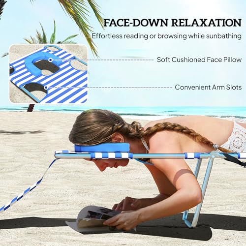 Outsunny Chaise Lounge Chair Outdoor with Face Arm Hole, 5-Position Reclining Face Down Tanning Chair with Carry Strap, Side Pocket, Portable Folding Bed Cot for Patio Beach Pool, Blue Stripe - color: Blue Stripes, size: 1 Piece