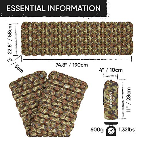 POWERLIX Camping Sleeping Pad - Ultralight Inflatable Camping Mattress Sleeping Mat for Backpacking, Hiking, Compact Lightweight Sleeping Pad for Camping, Inflation Bag/Repair Kit Included - color: Camouflage