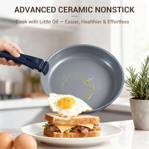 Ammeloo 18-Piece Ceramic Pots and Pans Set Non Stick, Non Toxic Cookware Set with Removable Handles, Pot Sets for Cooking, Induction Ready, Dishwasher & Oven Safe, PFAS PFOA & PTFE Free (Navy Blue) - color: Navy Blue