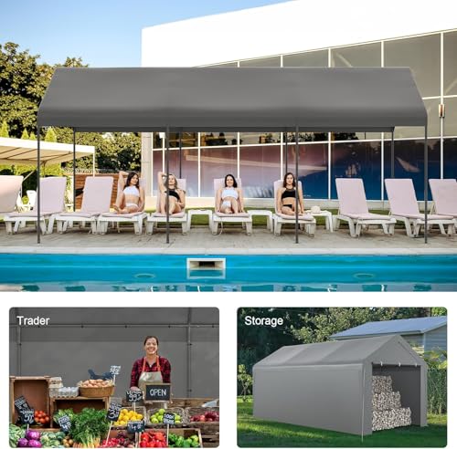 Carport 10x20 Heavy Duty Portable Garage w/Removable Sidewalls & Roll-Up Door Car Canopy Party Tents Waterproof UV Resistant All Weather Car Port for Trucks,Boats(Grey)