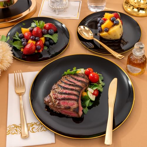 Supernal 350pcs Black & Gold Plastic Dinnerware Set, Elegant Black Plates with Golden Edges, Gold Plastic Silverware, Durable Tableware Perfect for Birthdays, Parties, Wedding, Celebration - color: 350pcs Black Plastic Plates with Gold Rim