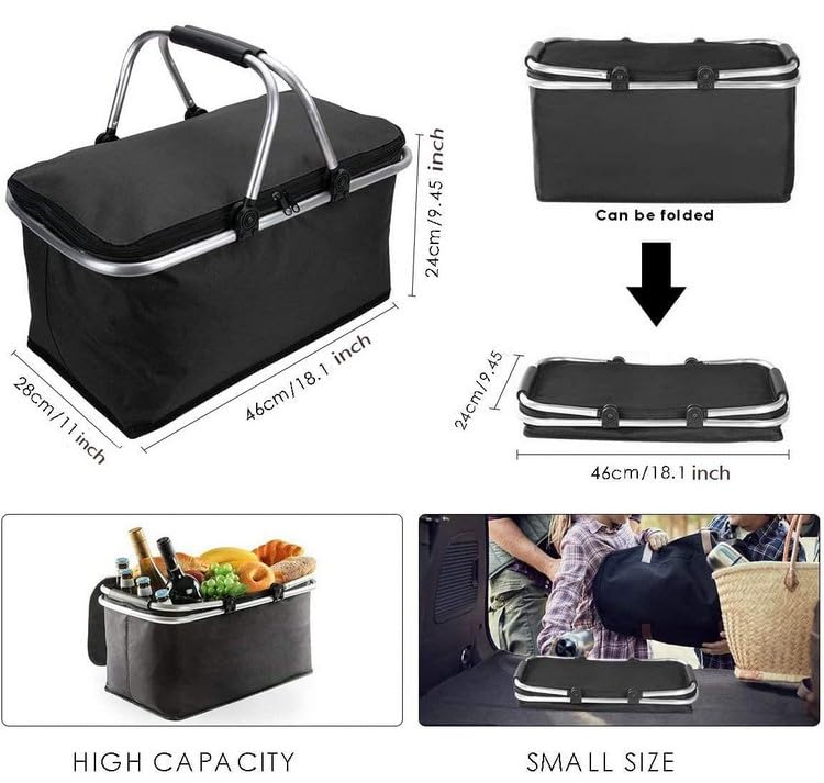 Foldable Insulated Picnic Basket 30L 31.7 QT Large Capacity Cooler Tote with Double Handles Thermal Shopping Basket for Picnic Camping Beach Travel Outdoor Use