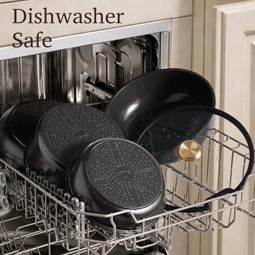 CAROTE 15Pcs Ceramic Cookware Set, Pots and Pans Set Non stick, Kitchen Cooking Set with Detachable Handle, Non Toxic Induction Cookware, Dishwasher/Oven Safe, PFAS Free, Black&Gold - color: Black