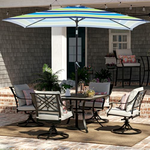 JEAREY 6.5x10 ft Rectangular Patio Umbrellas Rectangle Outdoor Umbrella with Push Button Tilt and Crank, Market Table Umbrella 6 Sturdy Ribs UV Protection for Poolside Garden Backyard Deck, Blue-Green Stripe - color: Blue-Green Stripe