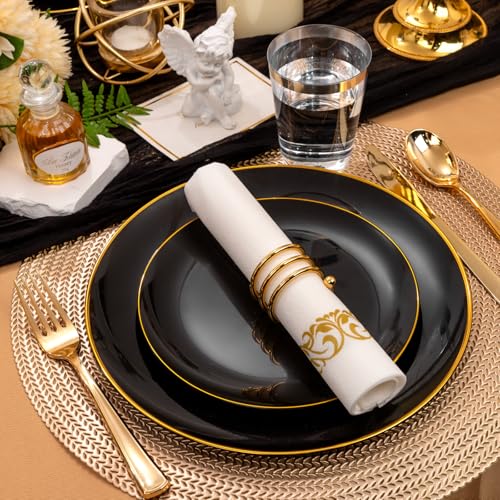 Supernal 350pcs Black & Gold Plastic Dinnerware Set, Elegant Black Plates with Golden Edges, Gold Plastic Silverware, Durable Tableware Perfect for Birthdays, Parties, Wedding, Celebration - color: 350pcs Black Plastic Plates with Gold Rim