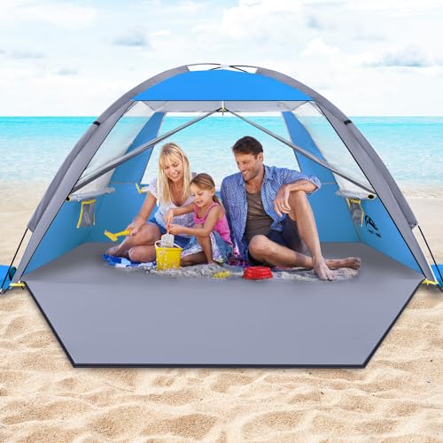 Happy Travel Beach Tent, UPF 50+ UV Protection Sun Shade Shelter for 3/4/5/6/7/8 Person, Portable Beach Canopy for Family & Baby, Lightweight & Easy Setup Beach Cabana with 3 Ventilation Mesh Windows - color: Dark Blue, size: 3 Person