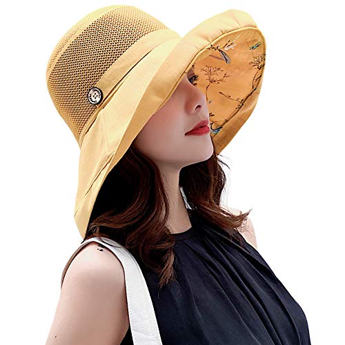 Women Mesh Sun Hats Summer Beach UV Protection UPF Packable Wide Brim Chin Strap - color: Yellow
