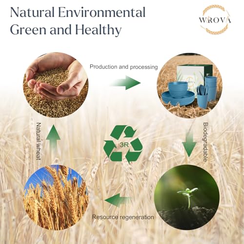 Wrova Wheat Straw Dinnerware Sets of 20,Dishwasher Safe Kitchen Plates and Bowls Sets,Camping Dishes Sets Contains Dinner Plates,Cereal Bowls,Drinking Cups and Flatware.(Blue) - color: Navy Blue, size: 20 Pack