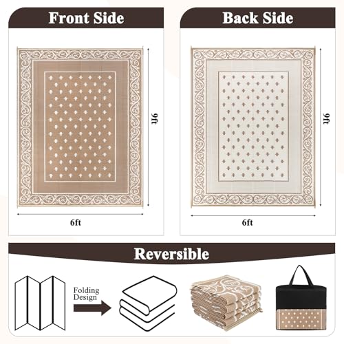 Pauwer Waterproof Outdoor Rug 6x9, Reversible Plastic Straw Patio Camping Rug, Indoor Outdoor RV Mat Carpet for Deck, Camper, Porch, Balcony, Backyard, Picnic, Bordered Beige - color: Bordered Beige, size: 6' x 9' (Rectangular)