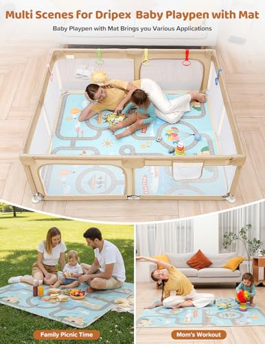 Dripex Baby Playpen with Mat, 71"x59" Play Pen for Toddlers 1-3 Years, Soft Breathable Visible Mesh, Indoor/Outdoor Portable Play Yard with Mat, Safe Baby Fence Play Area, Beige - color: Beige, size: 71"×59" with Mat
