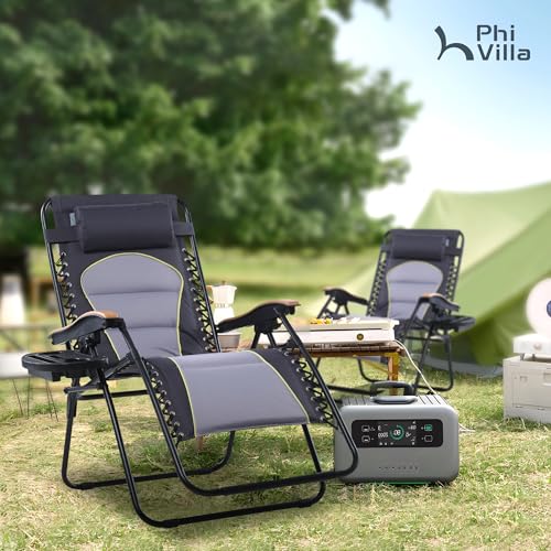 PHI VILLA XXL Oversized Padded Zero Gravity Chair, Foldable Patio Recliner, 30" Wide Seat Anti Gravity Lounger with Cup Holder, Support 400 LBS (Gray Accent) - color: Gray Accents, style: 1 Pcs