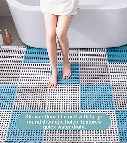 12 Pack 11.8" x 11.8" Interlocking Floor Tiles with Drain Holes Soft PVC Non Slip Shower Floor Mat Modular Interlocking Cushion Mat for Drain, Pool, Patio, Balcony, Kennel, Poultry, Floor Grid, Blue - color: Blue