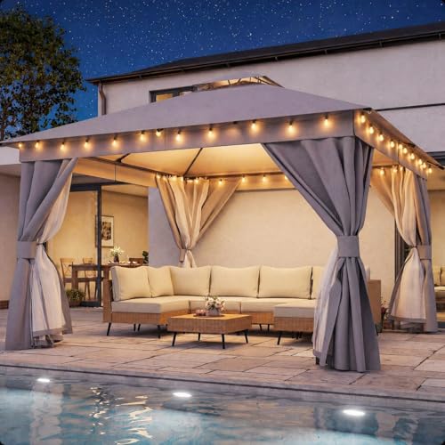 LAUSAINT HOME 12'x12' Outdoor Patio Gazebo with 100FT String Lights, Heavy Duty Party Tent & Shelter with Double Roofs, Mosquito Nettings and Privacy Screens for Backyard, Garden, Deck (Grey) - color: Gray, size: 12'x12' with lights