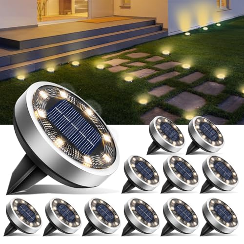 btfarm 12 Pack Solar Lights Outdoor, 8 LED Solar Ground Lights IP65 Waterproof Flat Solar Disc Light, Pathway Lights for Garden Lawn Patio Yard Path Landscape, Warm White - color: Warm White, size: 12 Pack