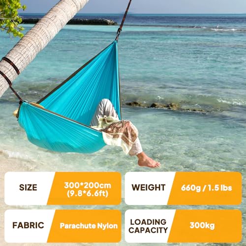 NATUREFUN Ultra-Light Travel Camping Hammock | 300kg Load Capacity,Breathable,Quick-Drying | 2 x Premium Carabiners,2 x Nylon Slings Included | Outdoor Indoor Garden - color: Azure/Grey, size: 300x200cm