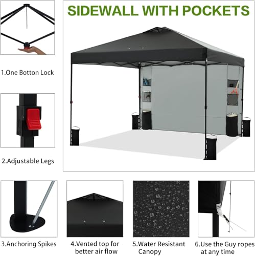 Tunbne 12'x12' Pop Up Canopy Tent with 1 Sidewall and 6 Pockets, One Push Setup, Instant Shade Tent with Vented Roof for Beach Patio Outdoor, Case, 8 Stakes, 4 Ropes, 4 Sandbags (Black, 12x12) - color: Black, size: 12x12