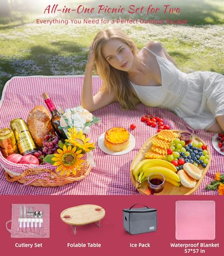 Picnic Basket for 2 with Table and Blanket Collapsible Cooler Bag Insulated Picnic Set for Beach Picnic Hamper Picnic Date Essentials for Outdoor Picnic Accessories Wedding Gift/Bridal Shower Gift - color: Red and White Lining