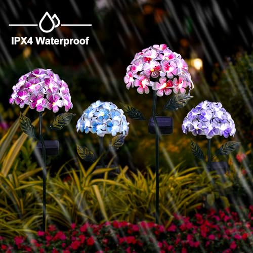 Solar Hydrangea w/26 LED Lights, Metal Ground Stake, 3 Colors - Pink - color: Pink