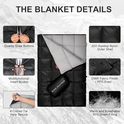 Down Camping Blanket - Lightweight, Packable, Warm & Puffy Outdoor Travel Quilt for Sleep, Hiking, Backpacking, Stadium, Festivals, Water-Resistant Sleeping Bag 55"x79" - color: Midnight Black, size: 1LB 6OZ / 79" x 55"